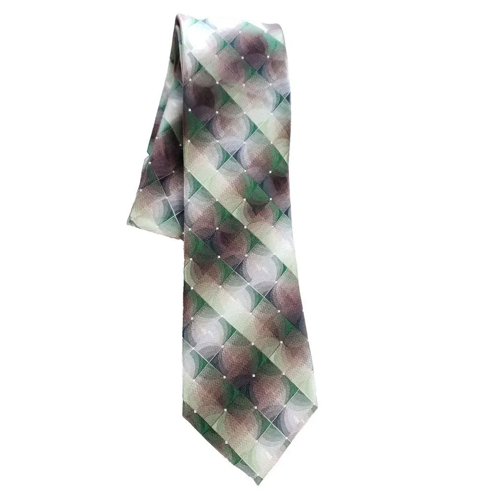 Van Heusen Mens Necktie Green Brown Geometric 100% Silk Luxury‎ Formal Wear